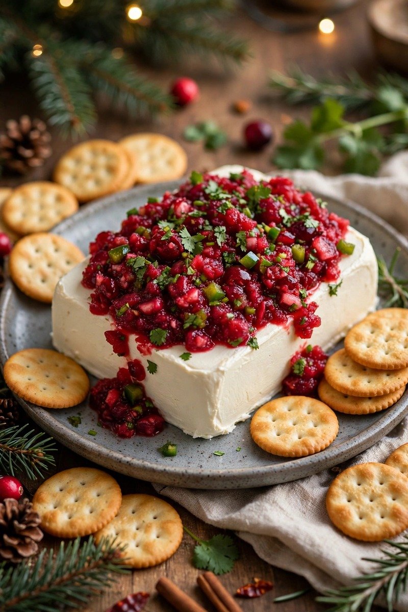 Cranberry salsa spooned over cream cheese with crackers