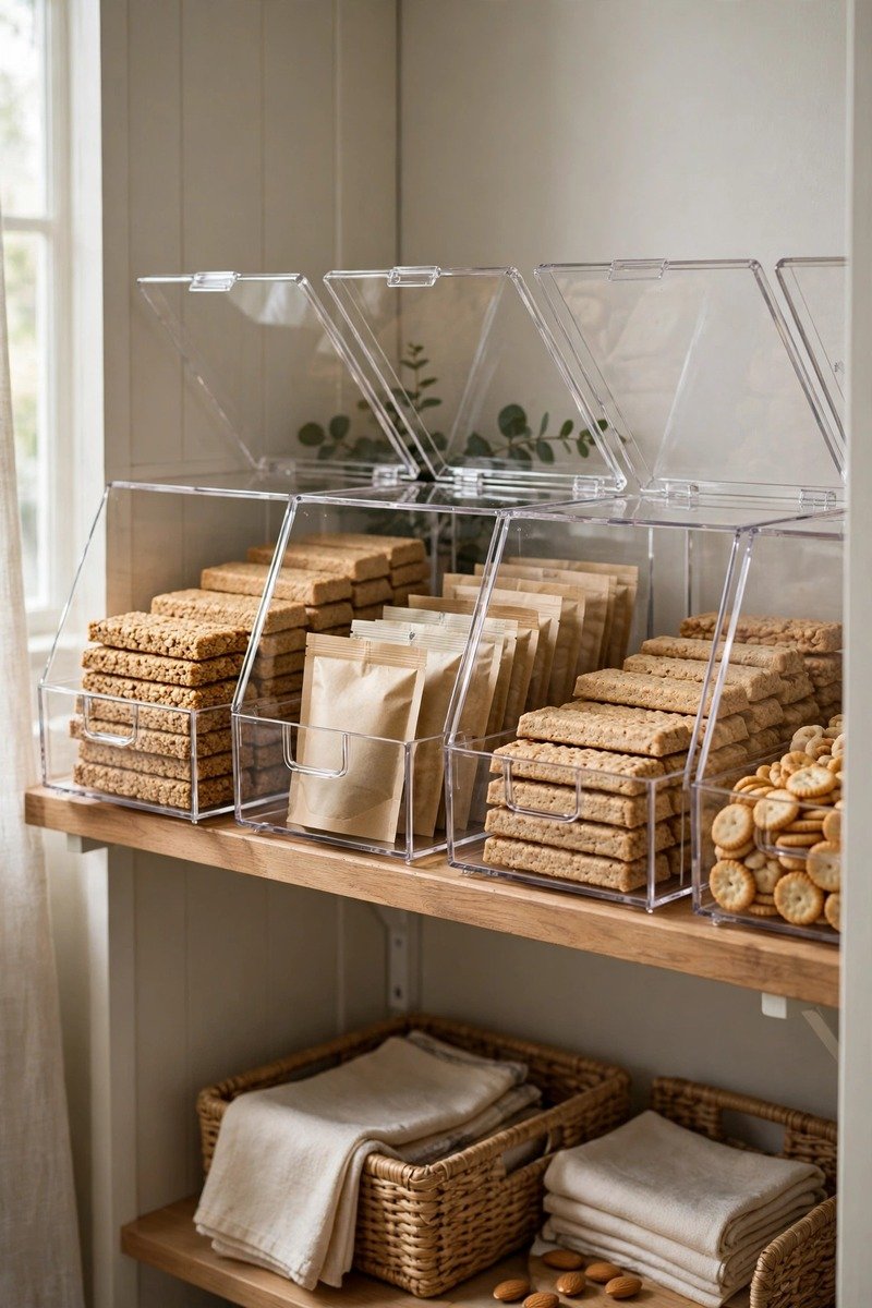 Open snack bins at easy reach height in a pantry
