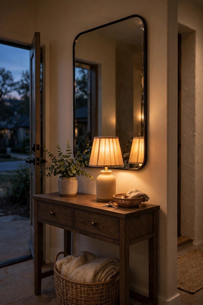 Table lamp on a console in a small entryway