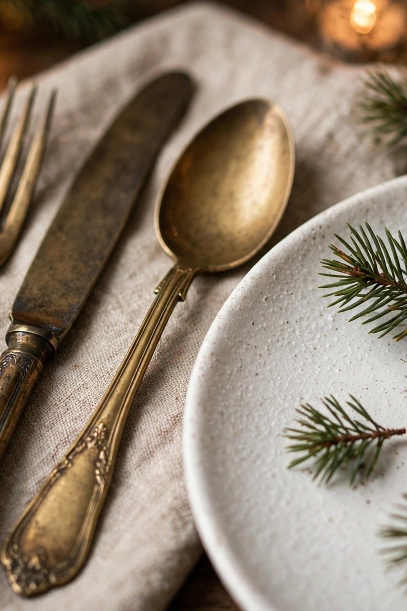vintage brass flatware Christmas place setting