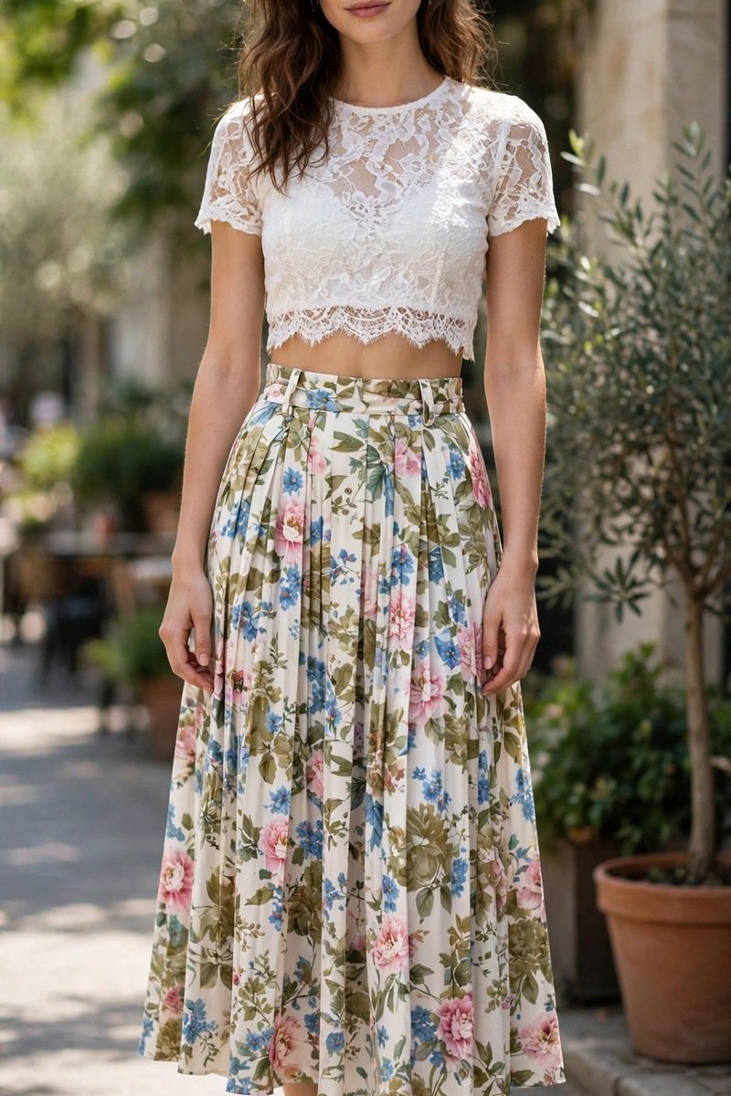 white lace crop top with midi skirt outfit