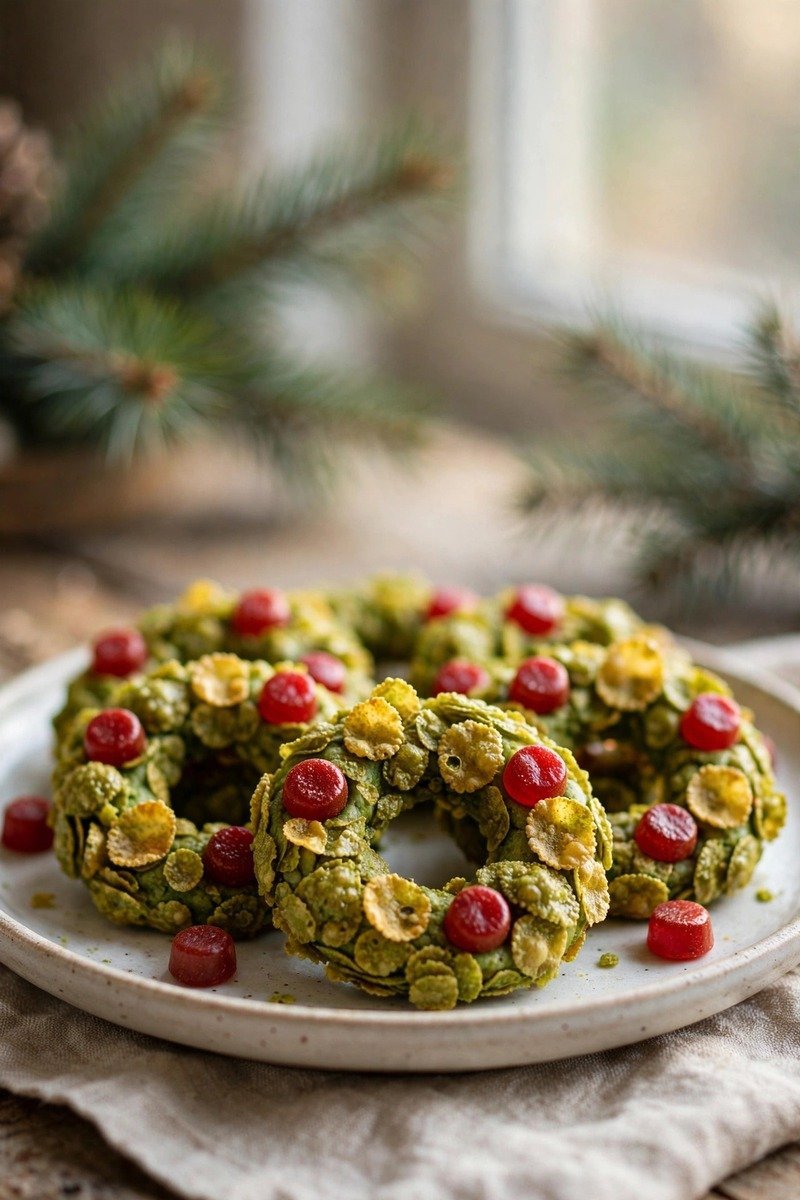 Green cornflake wreath Christmas cookies with red candies