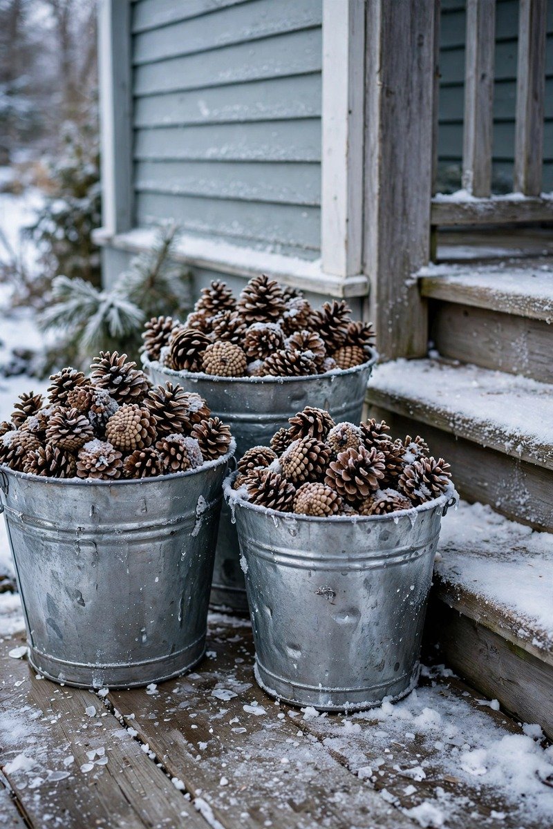 Galvanized bucket filled with pinecones