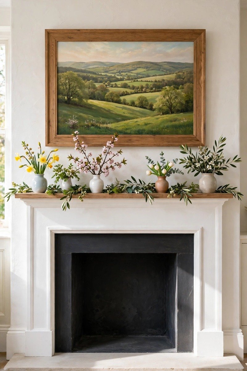 Landscape painting above a spring mantel