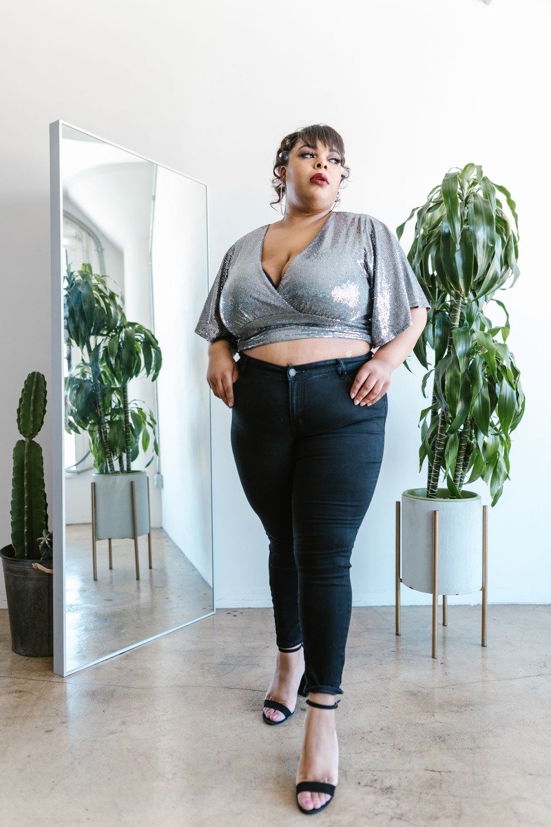 Sequin top with black trousers outfit