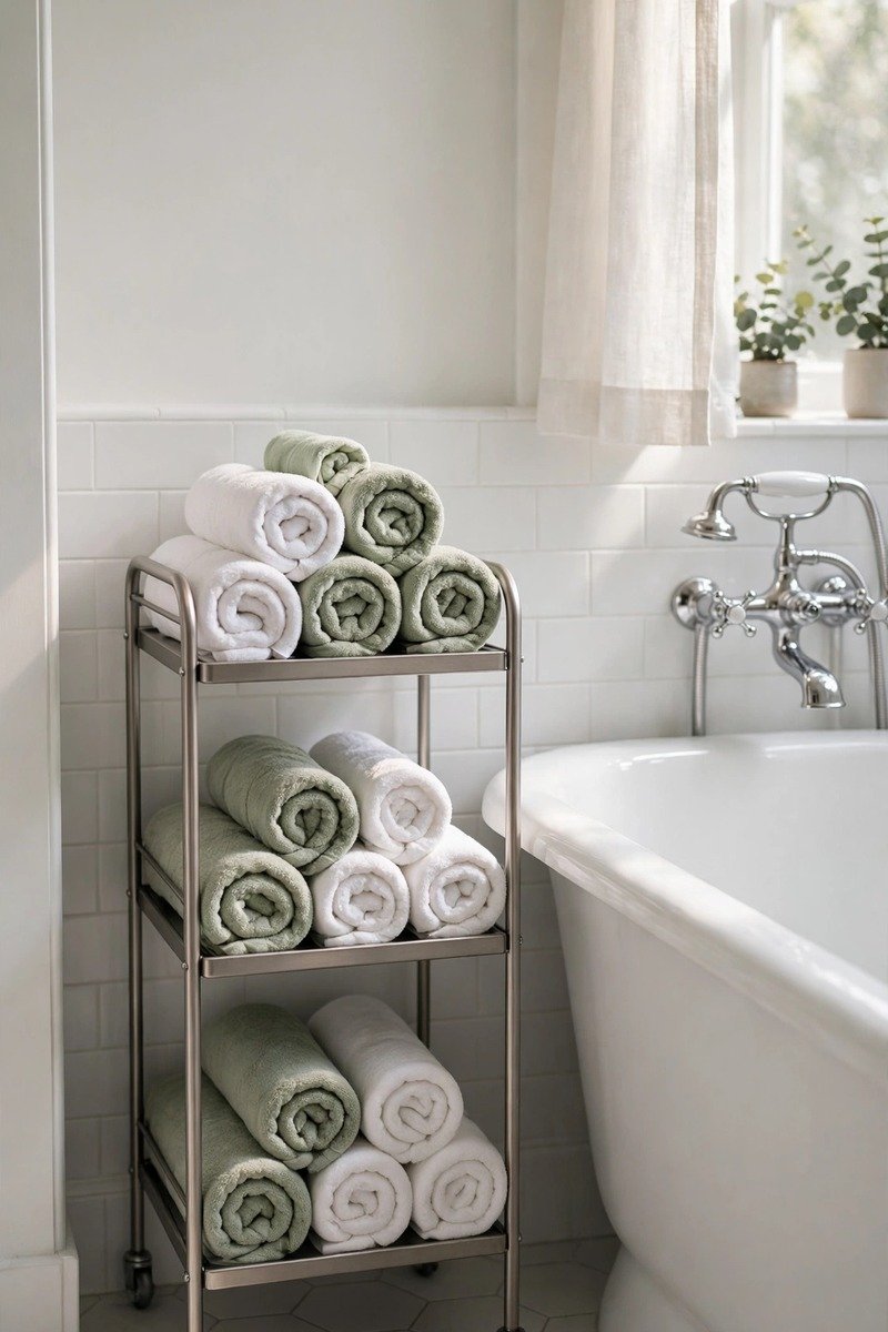 Slim rolling cart with rolled towels beside a bathtub