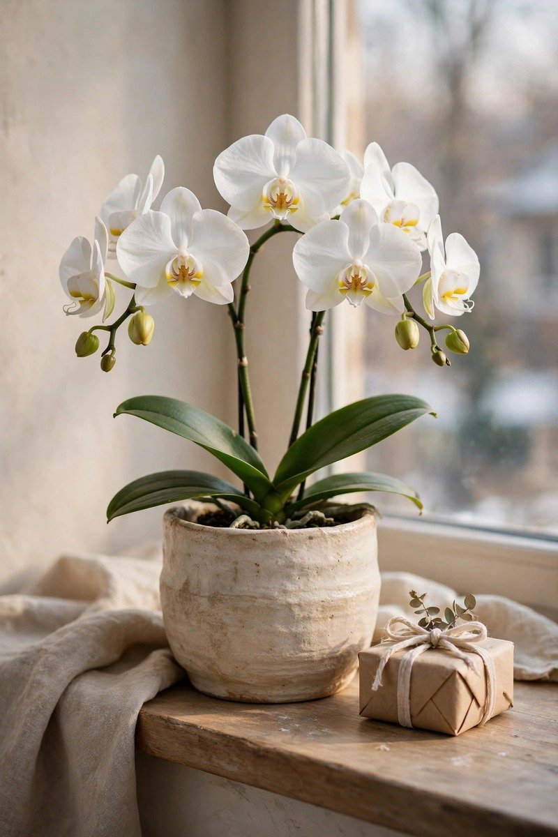 Potted orchid in ceramic planter