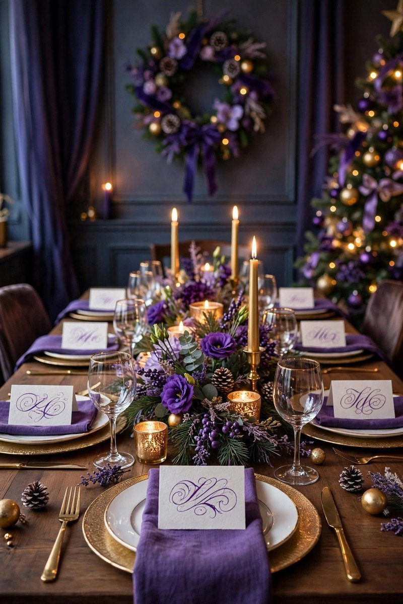 Place cards with purple calligraphy at each table setting