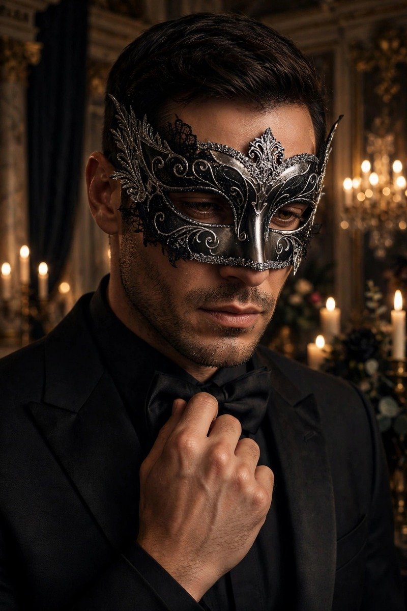 Man in black tuxedo wearing a black and silver masquerade mask