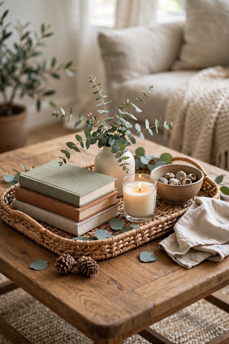 Styled coffee table with stacked books, candle, and small vase of flowers