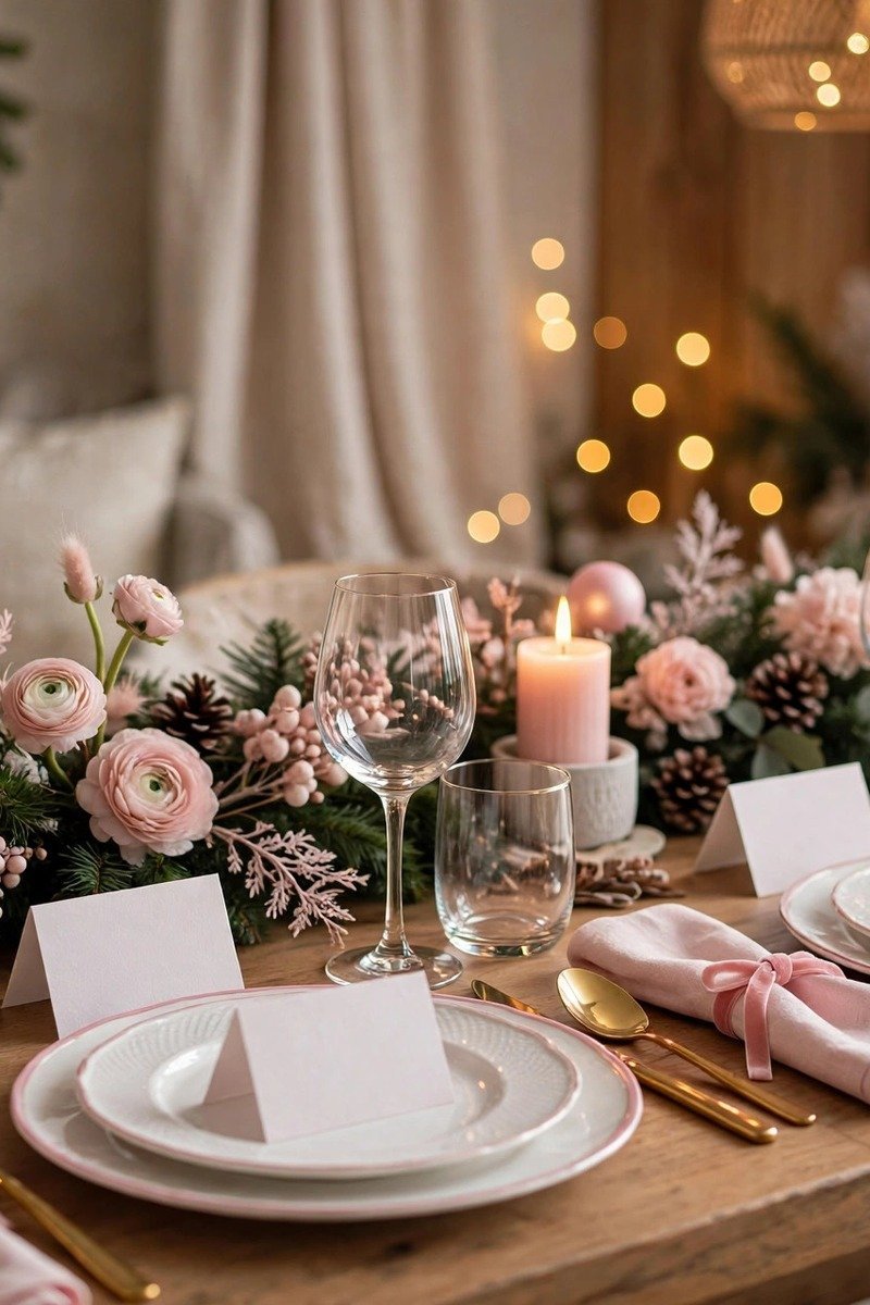 Elegant pink and white place settings with name cards