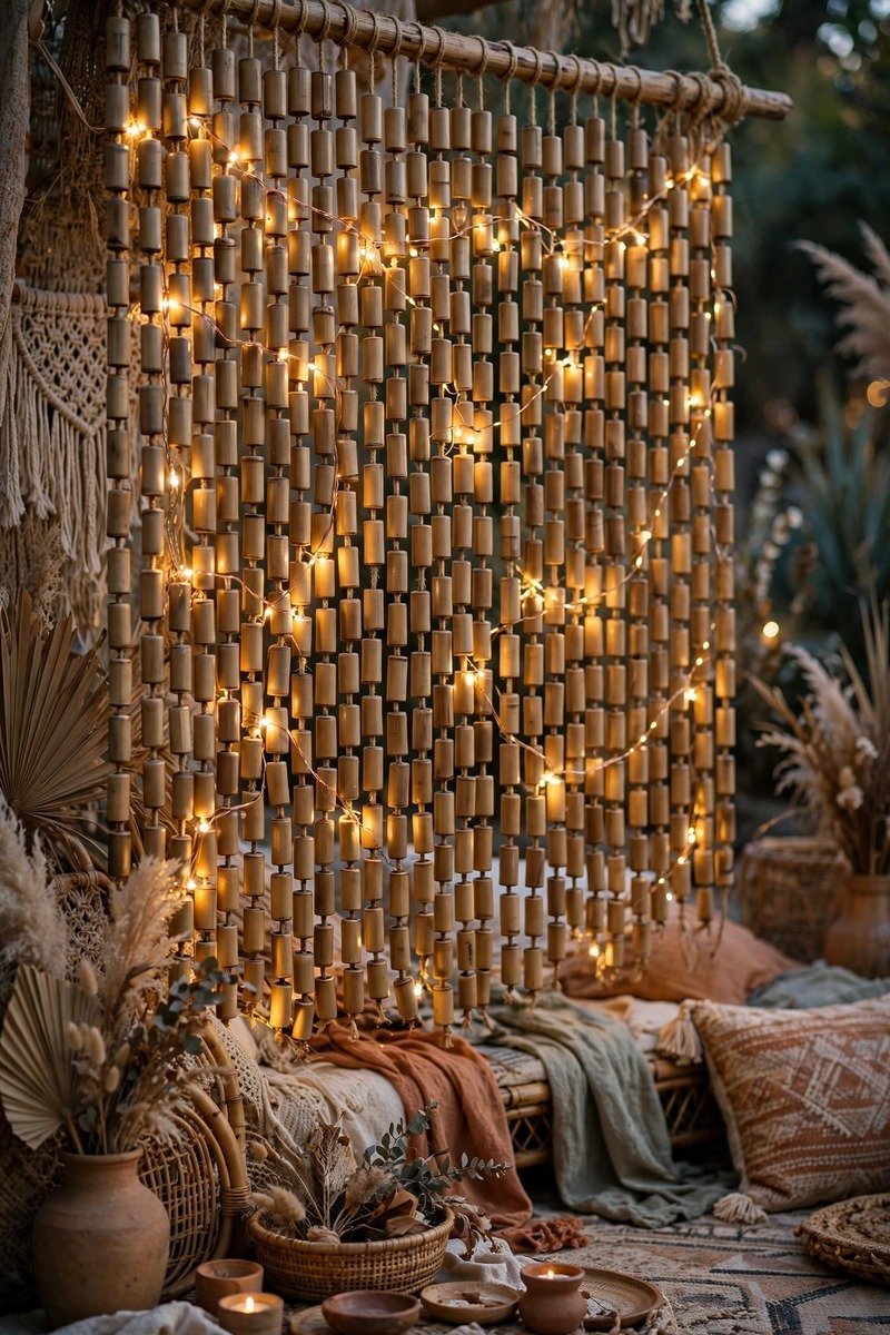 Bamboo beaded curtain used as a photo backdrop at a party
