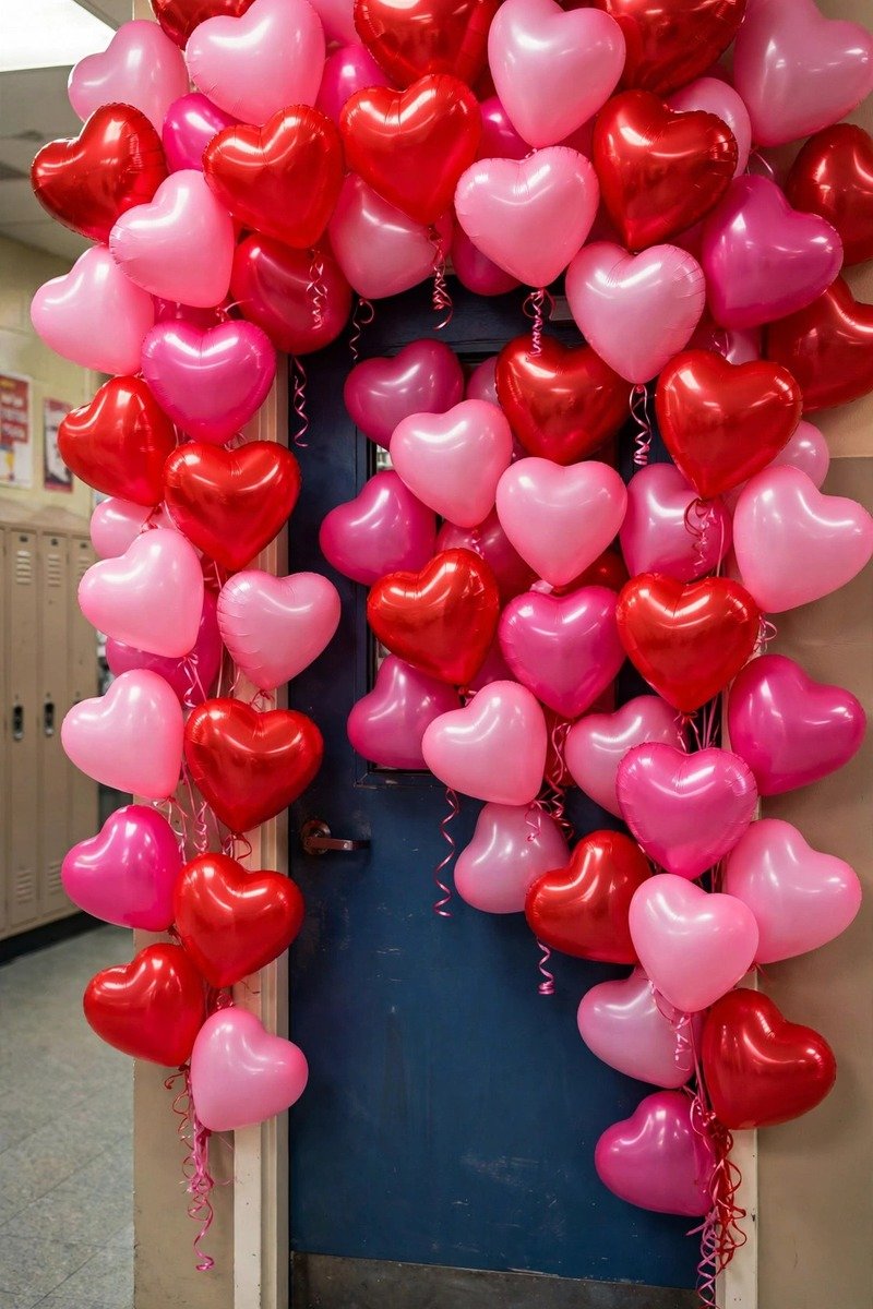 Classroom door with a bunch of pink and red heart balloons