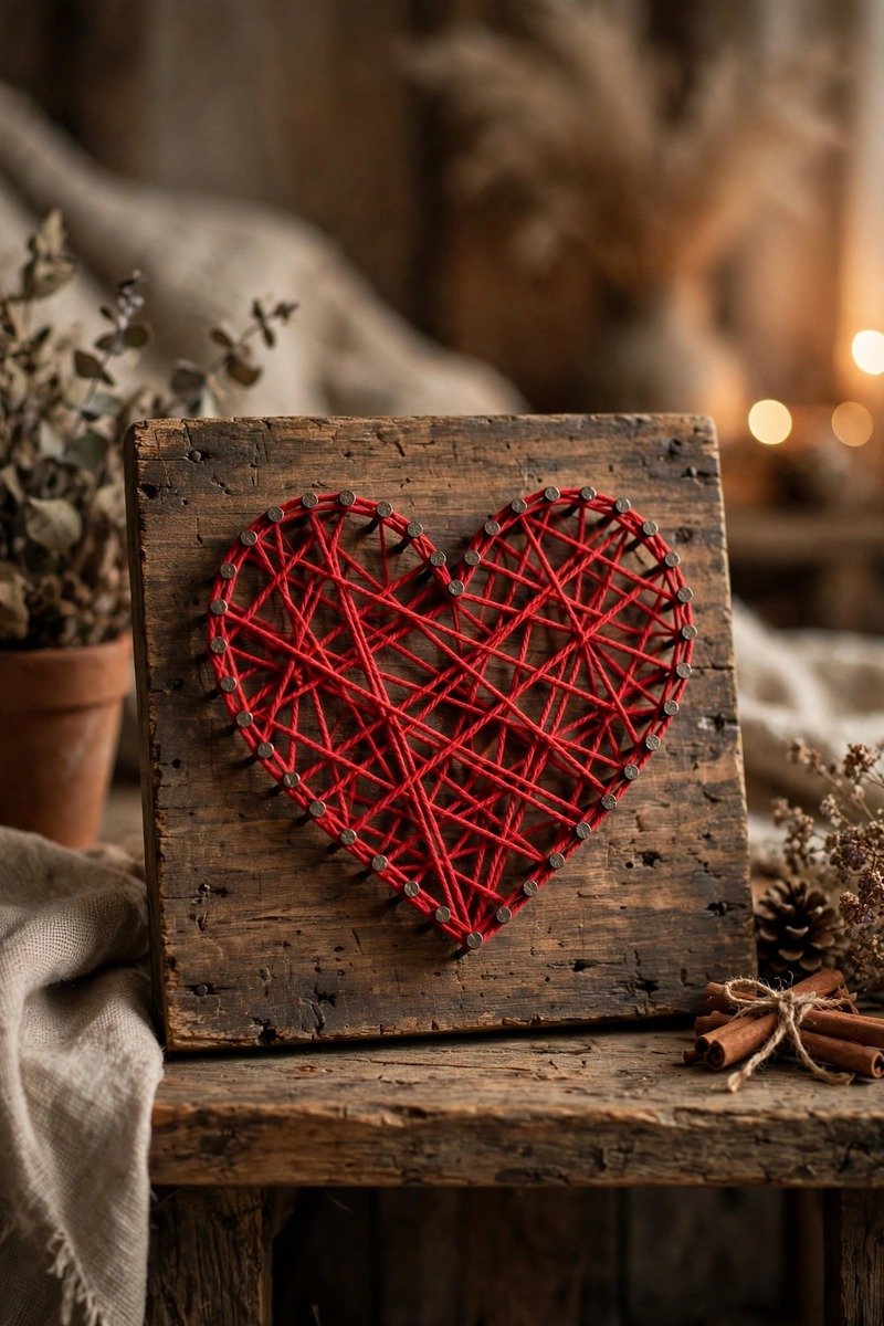 Heart string art on a wooden board with nails