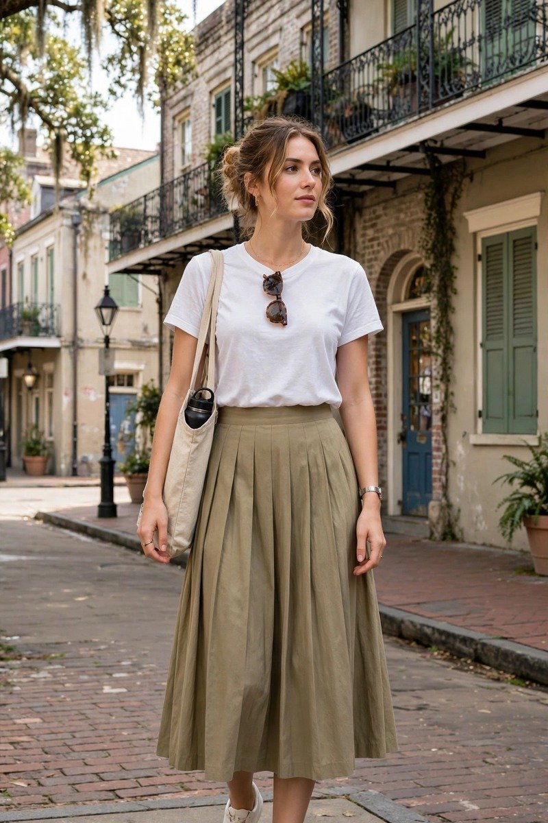 Woman in a pleated midi skirt and t-shirt