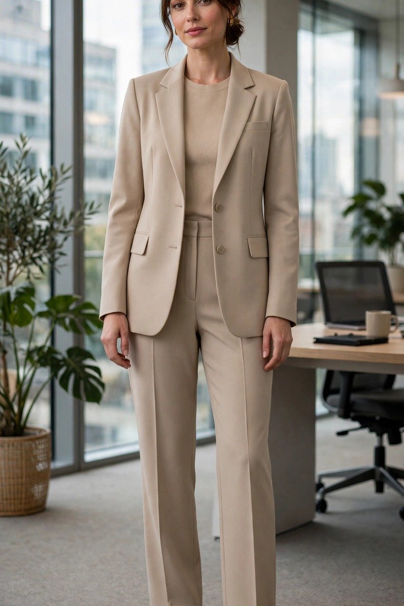 Woman in monochrome beige suit