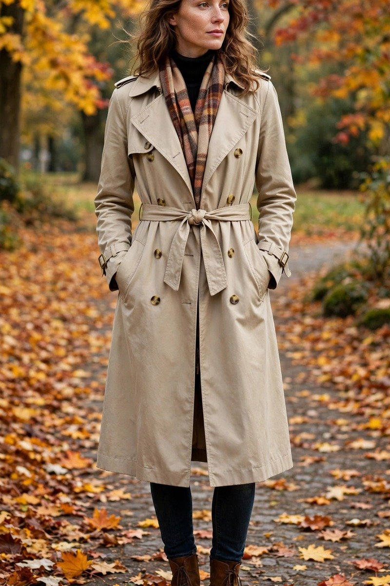 Woman in trench coat with plaid scarf