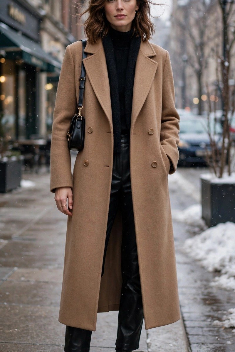 Woman in leather pants with long camel wool coat