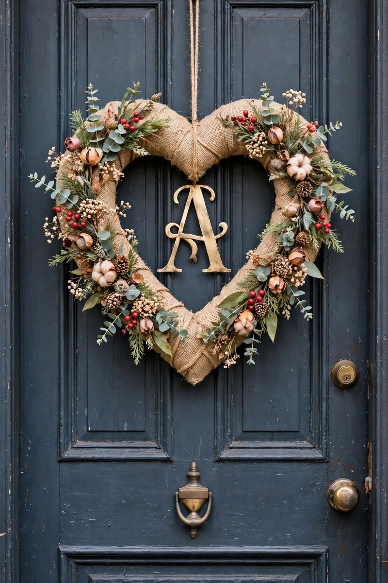 Burlap heart Valentine's wreath with monogram