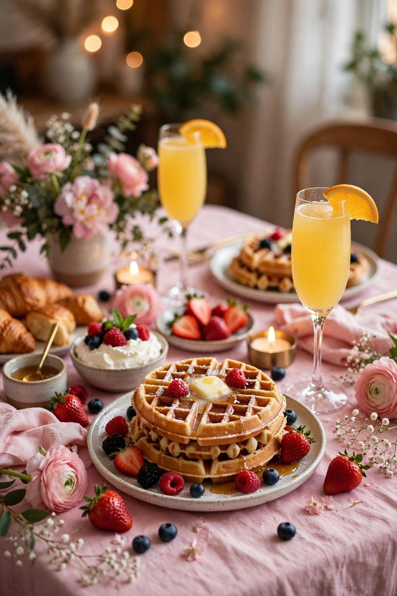Galentine's brunch spread with waffles and mimosas