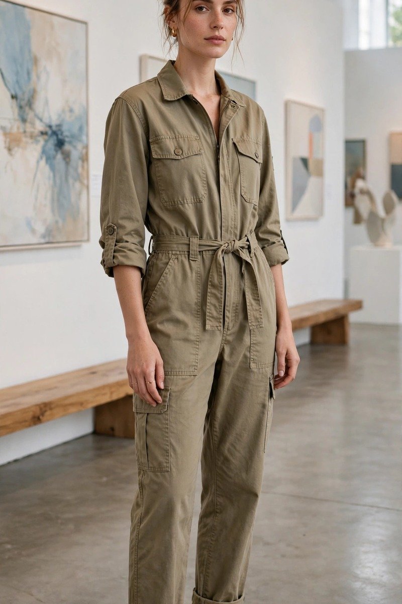Woman in a utility jumpsuit in an art gallery