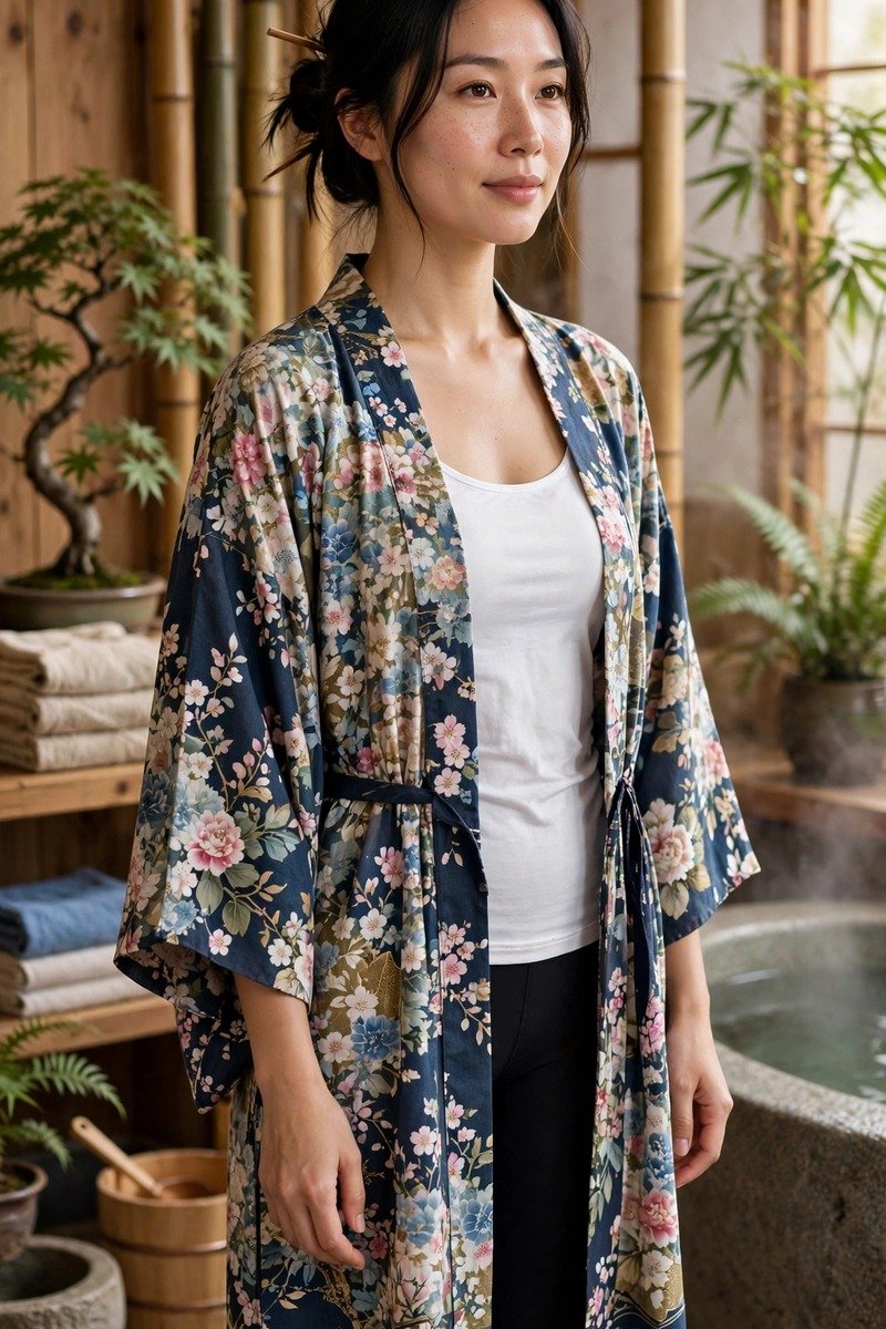 Woman in kimono robe over leggings at a spa