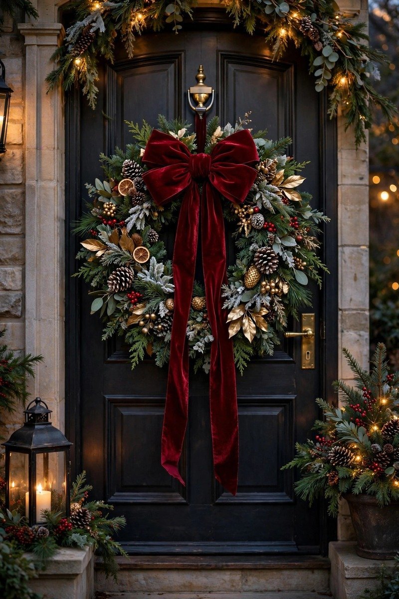 Luxury Christmas wreath with deep red velvet bow