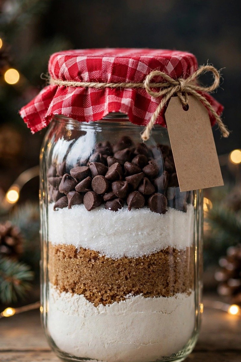 Cookie mix in a glass jar with a ribbon
