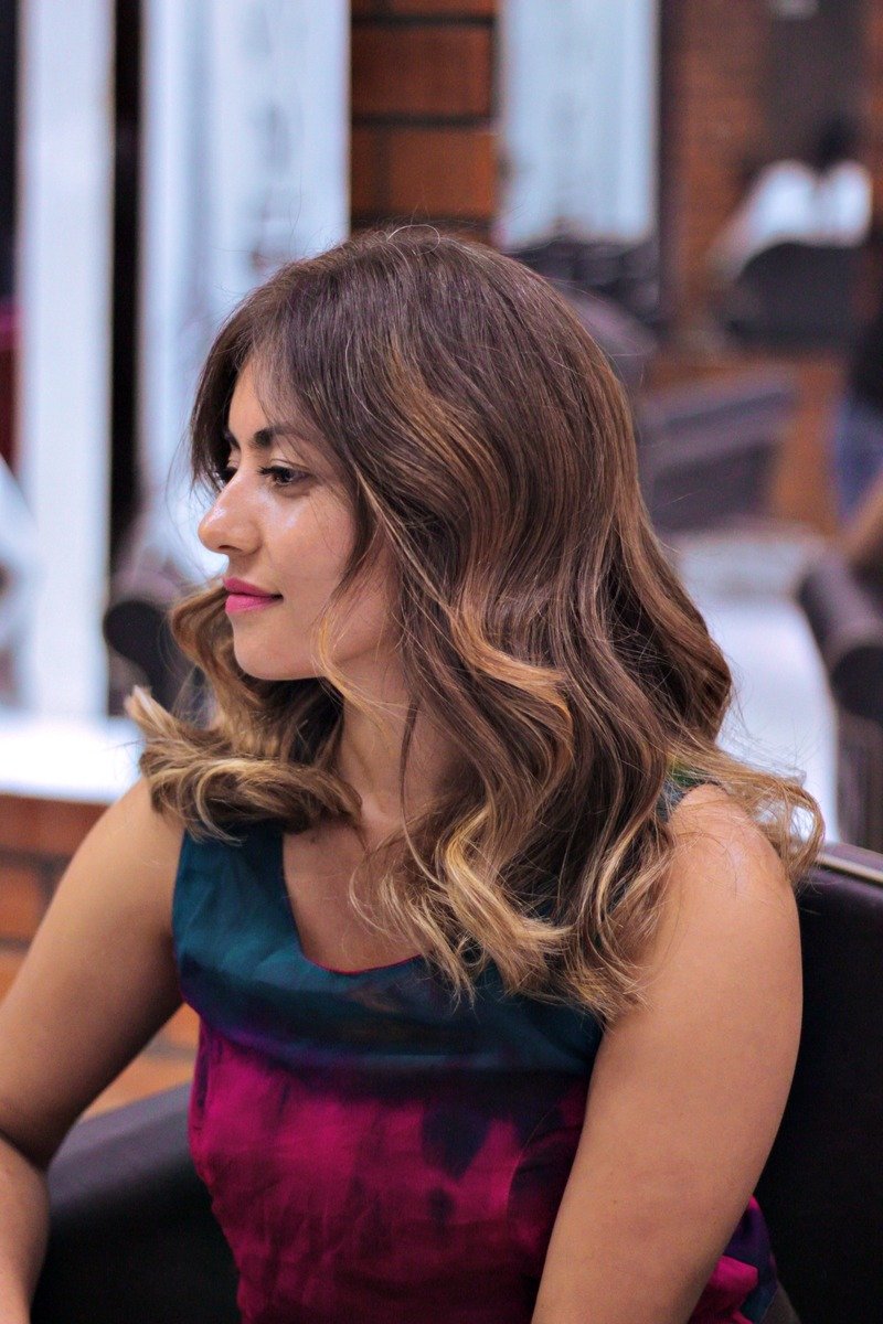 Toasted caramel balayage on dark winter hair