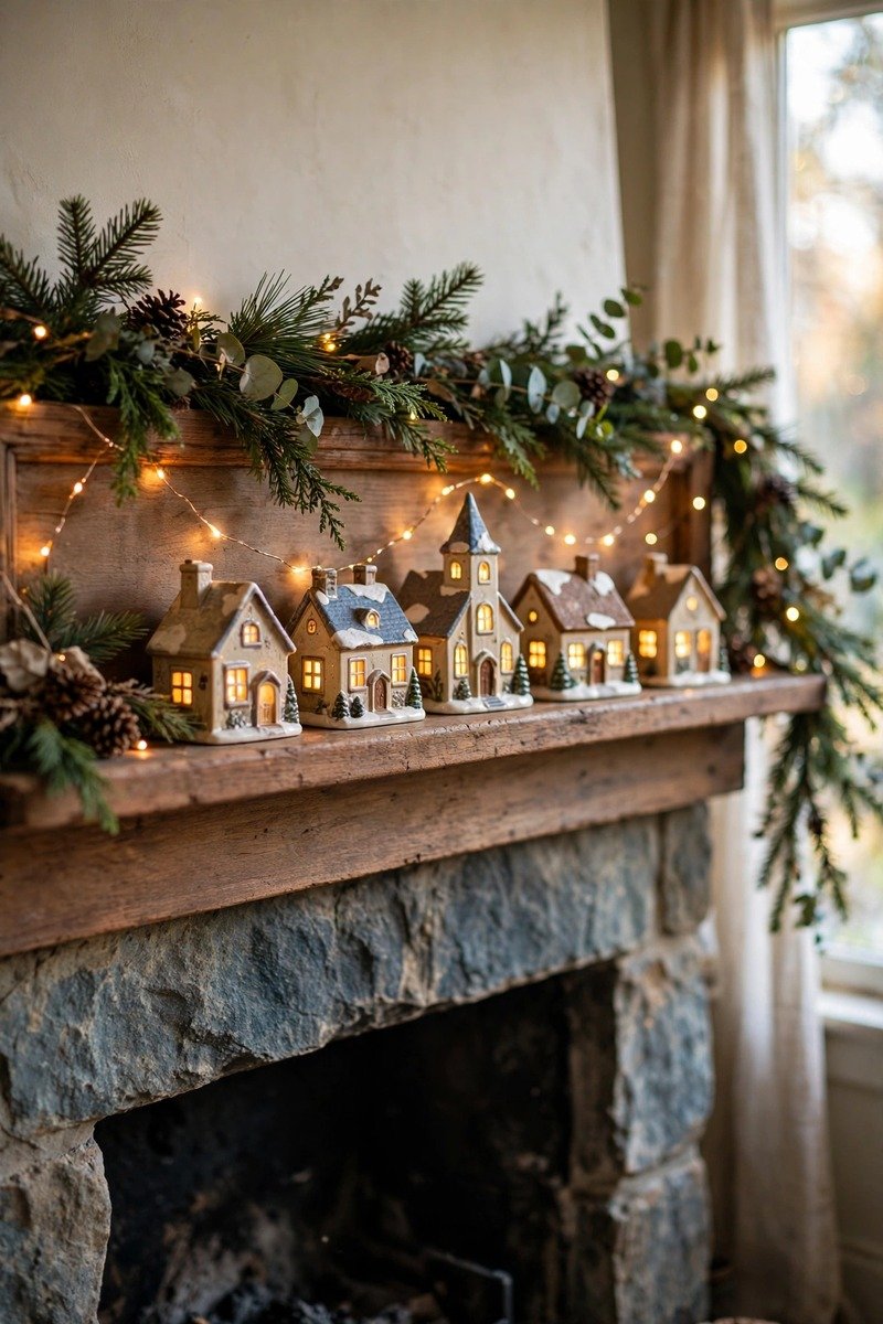 Christmas village houses displayed along a mantle with lights