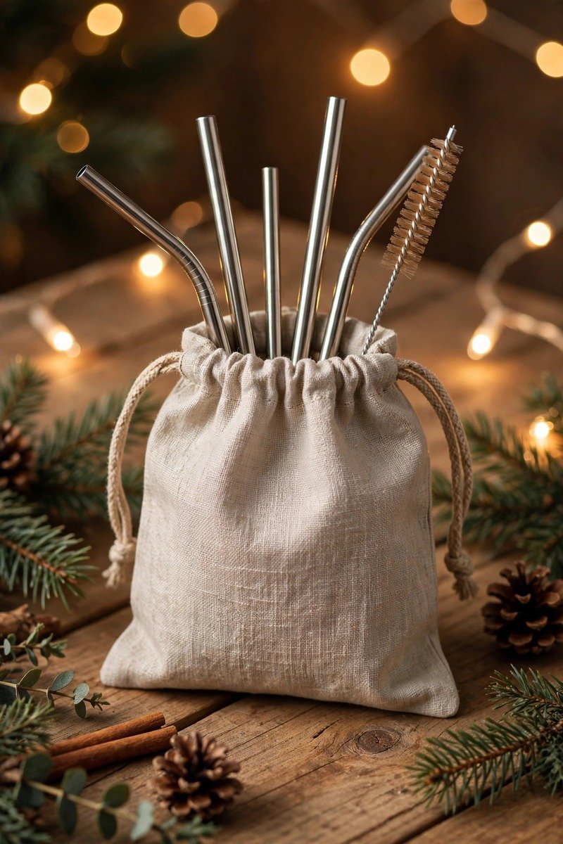 Reusable straw set in a linen pouch