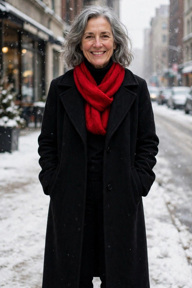Woman over 50 in a black outfit with a bright scarf