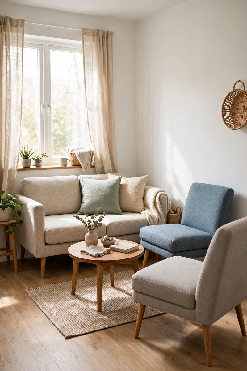 Small living room with a compact sofa and armless chairs