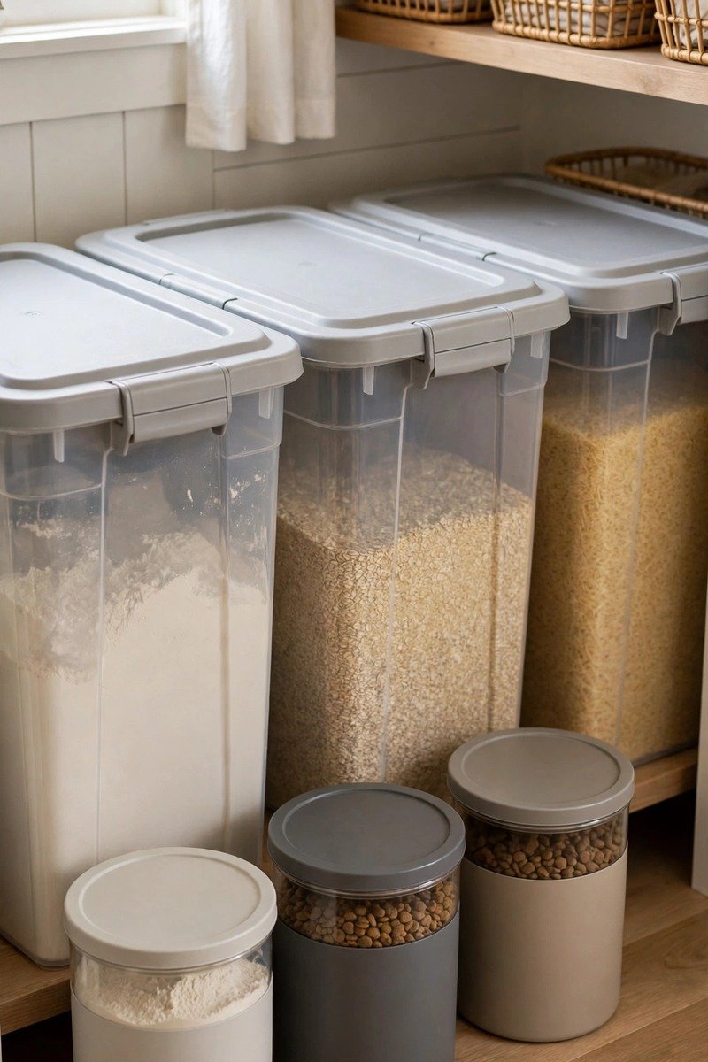 Lidded bulk storage bins on a pantry floor