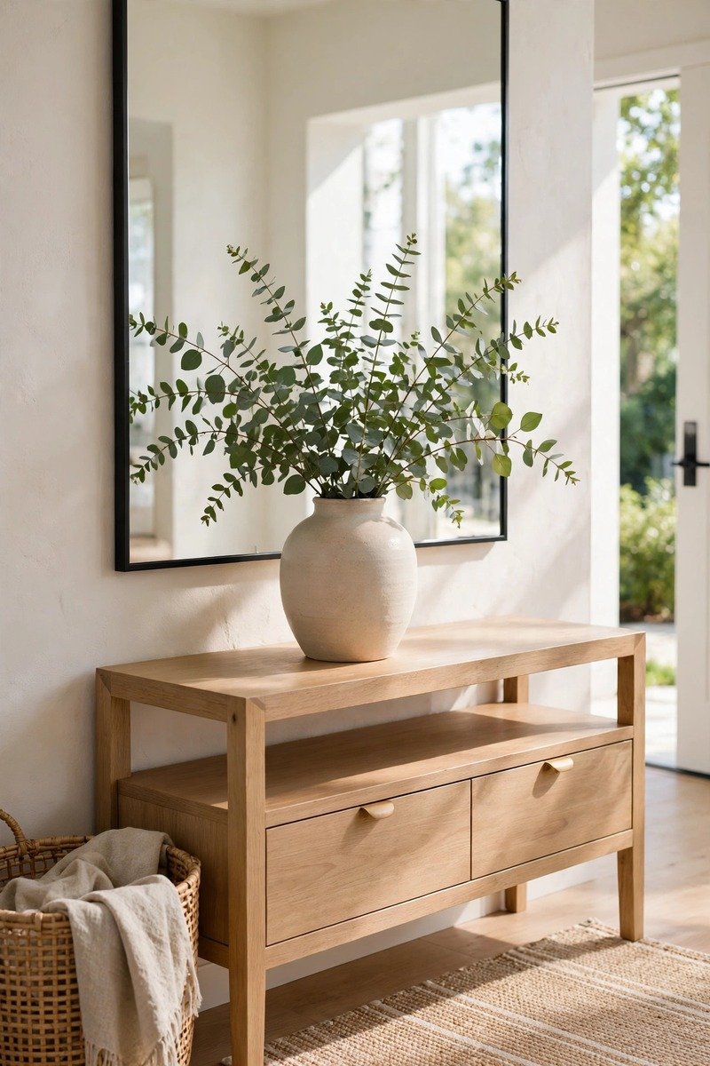Vase with greenery on an entryway console