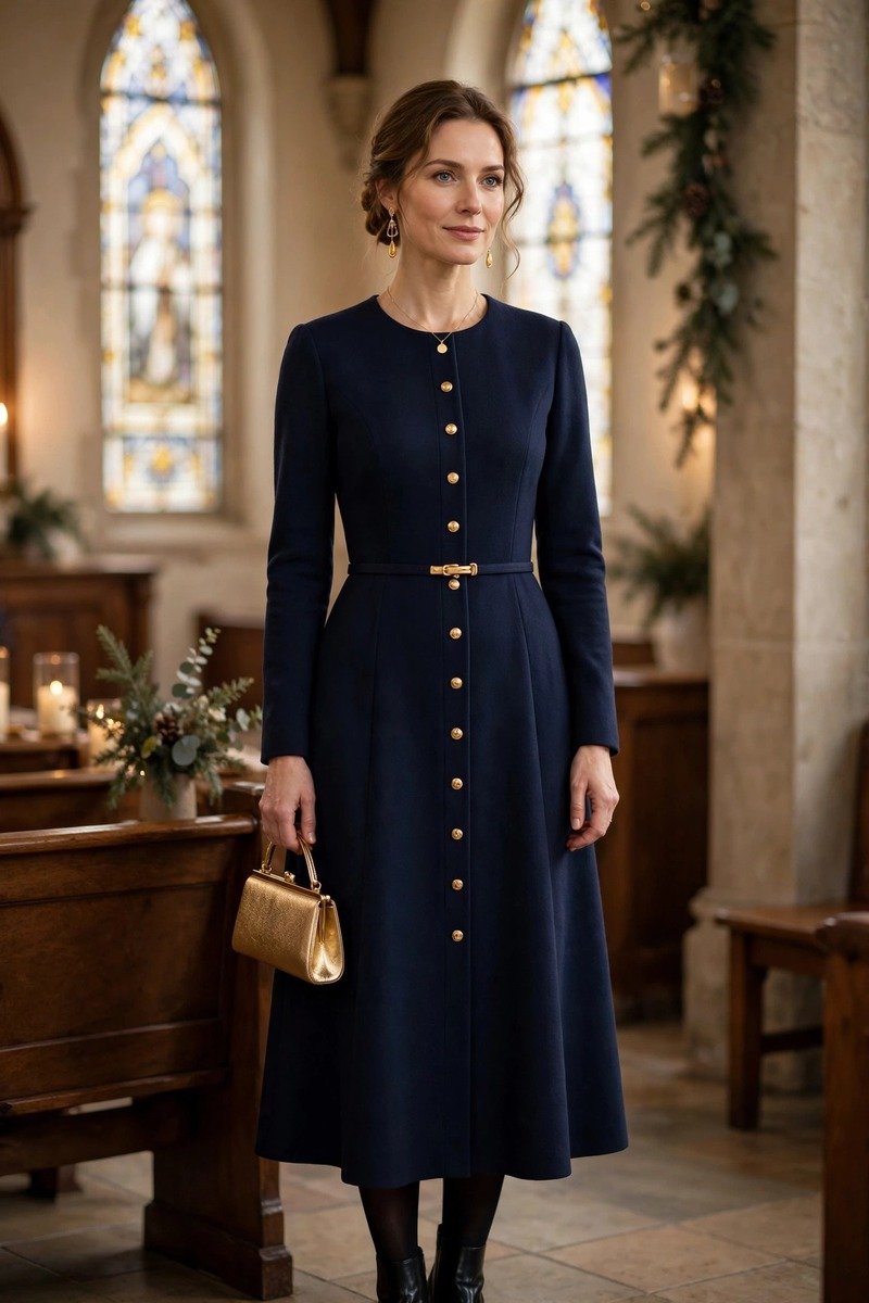 Navy outfit with gold accessories