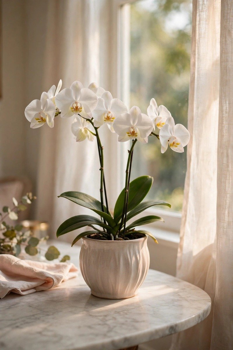 Potted white orchid plant