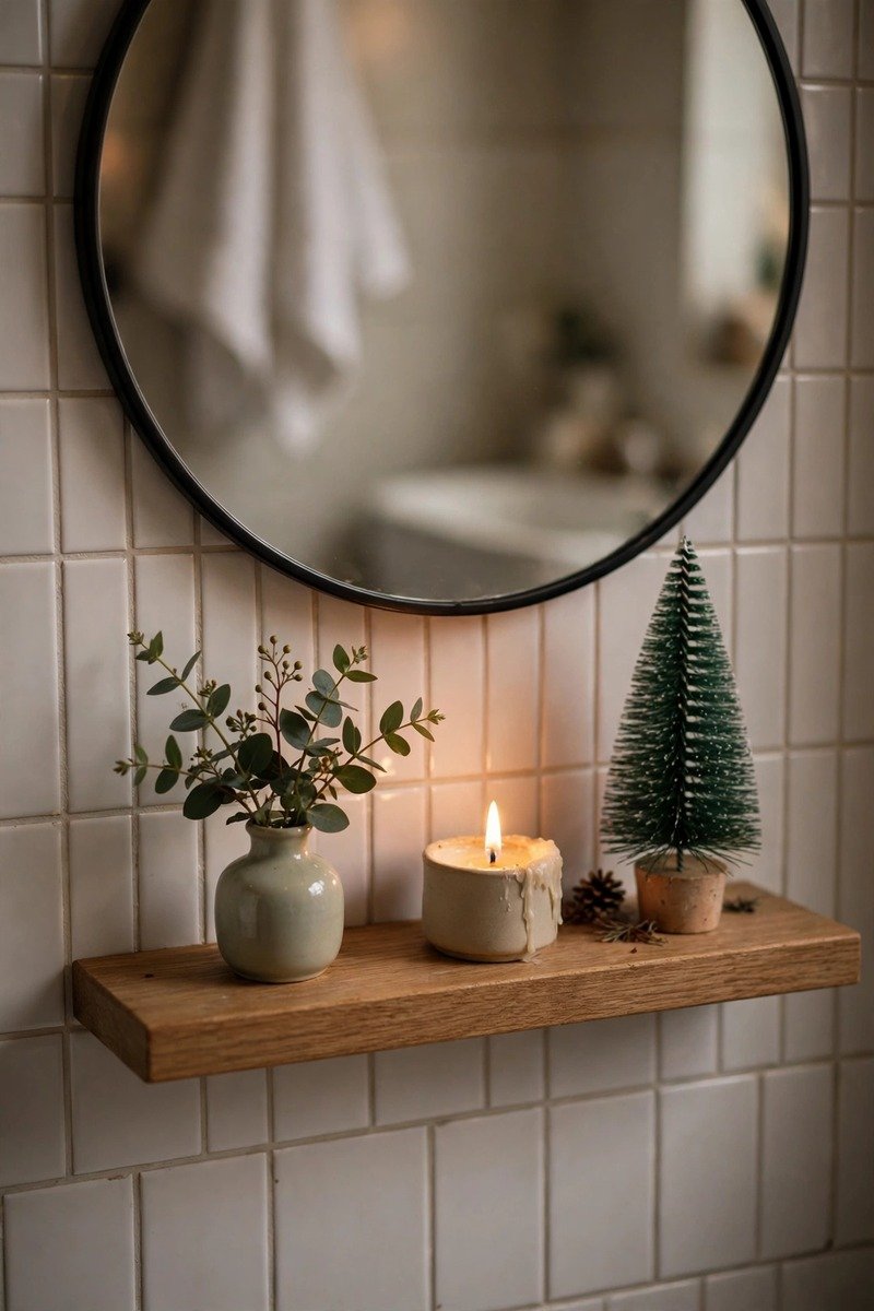 Greenery sprig on a bathroom shelf