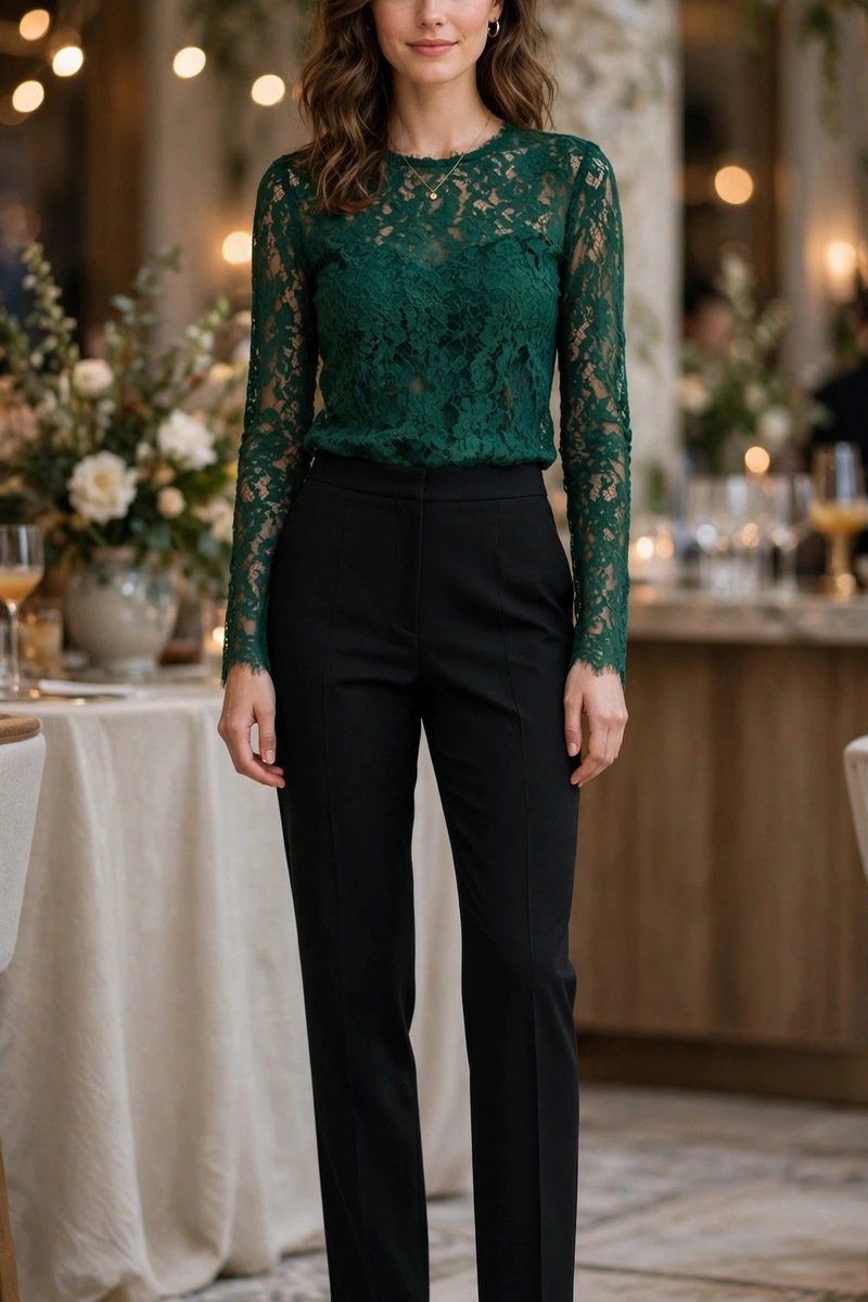 emerald green lace top cocktail outfit