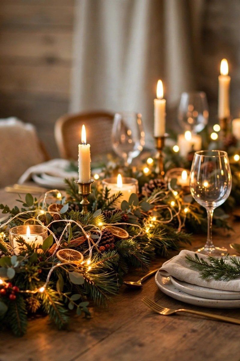string lights in garland Christmas table decor