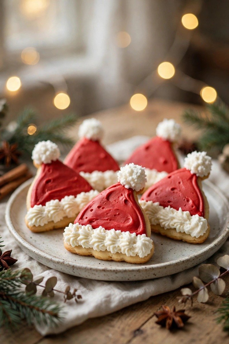 Santa hat Christmas cookies with white frosting trim