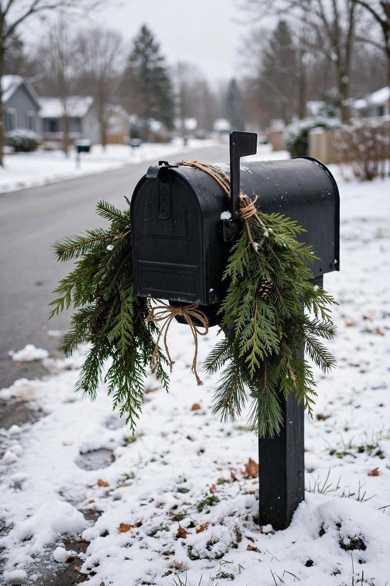 Evergreen swag tied on a mailbox