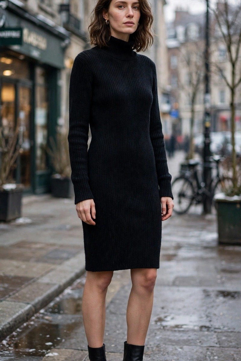 Black sweater dress with heeled boots
