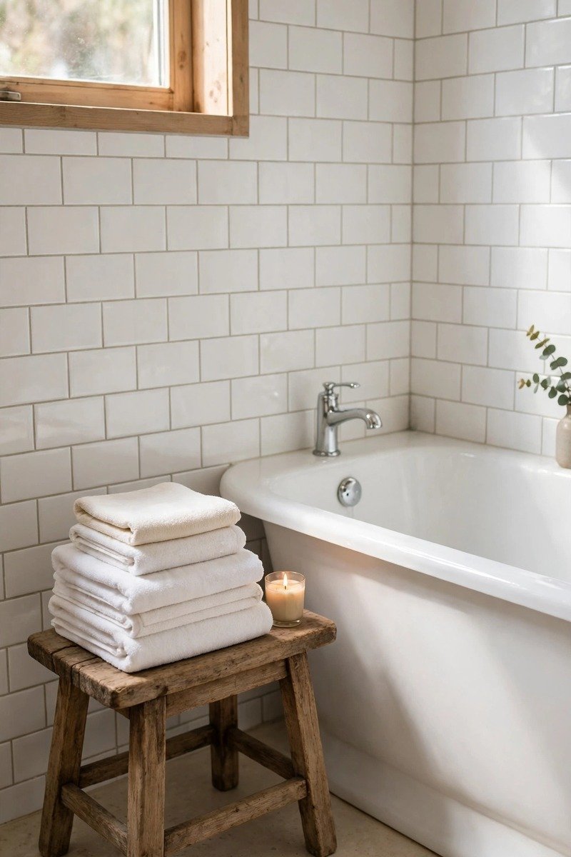Wooden stool with folded towels beside a bathtub