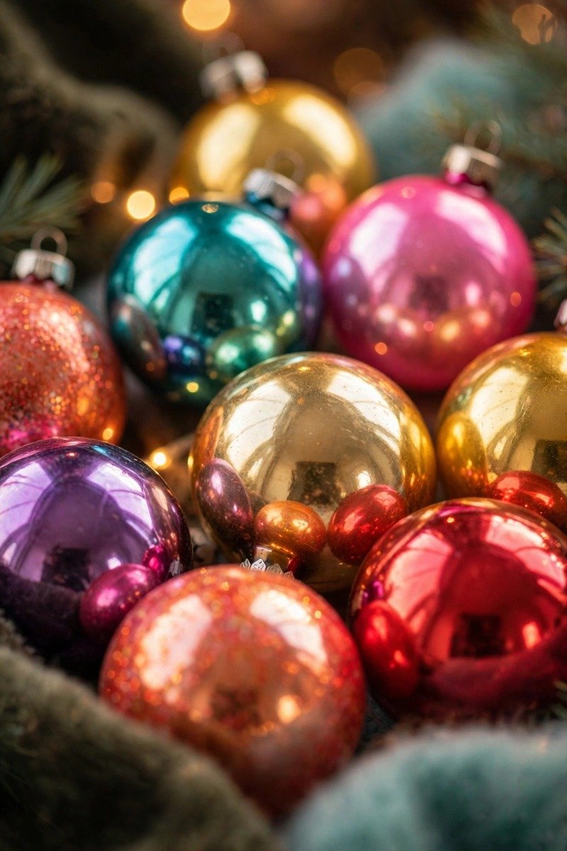 Colorful vintage Christmas ornaments close-up, shiny