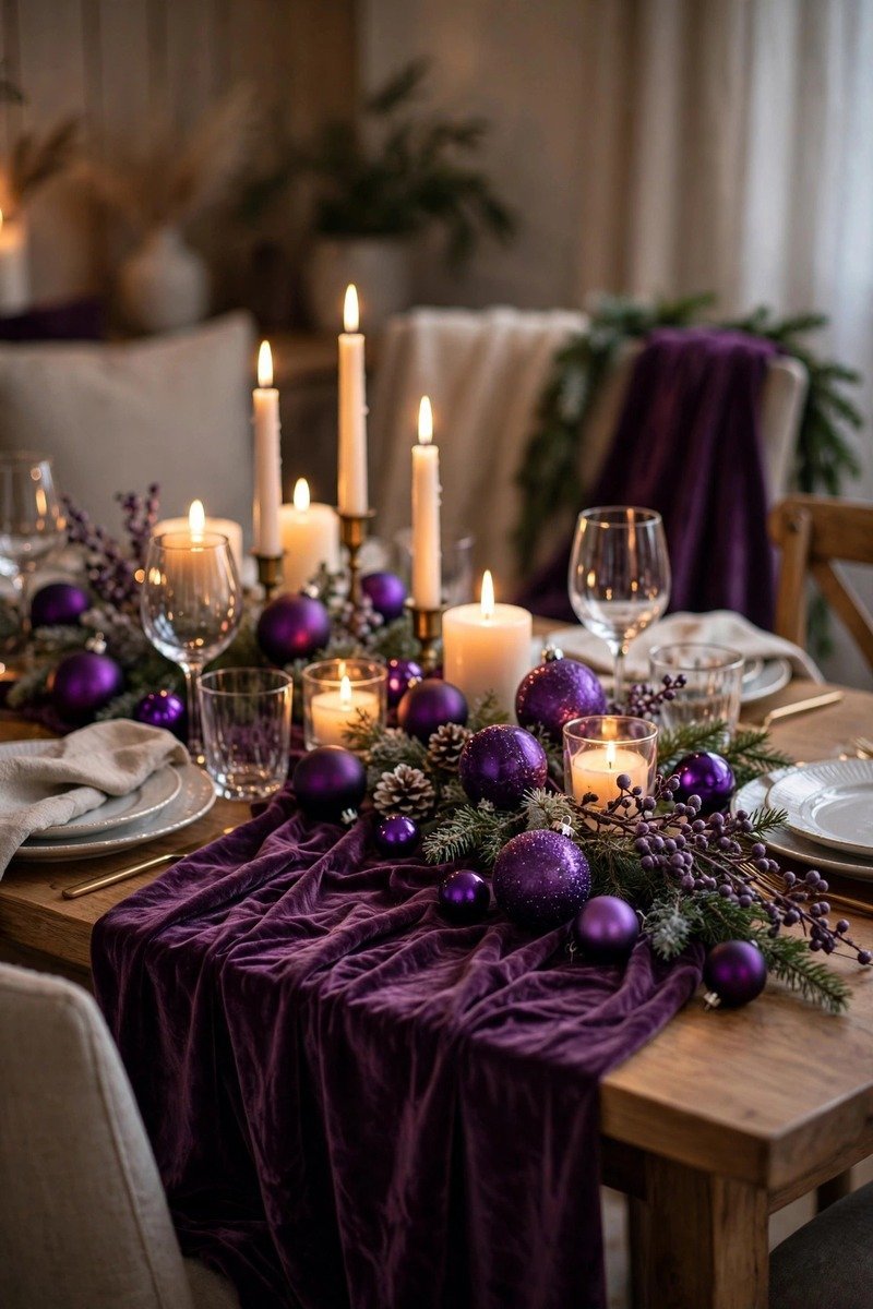 Dining table with deep purple velvet table runner and candlelight