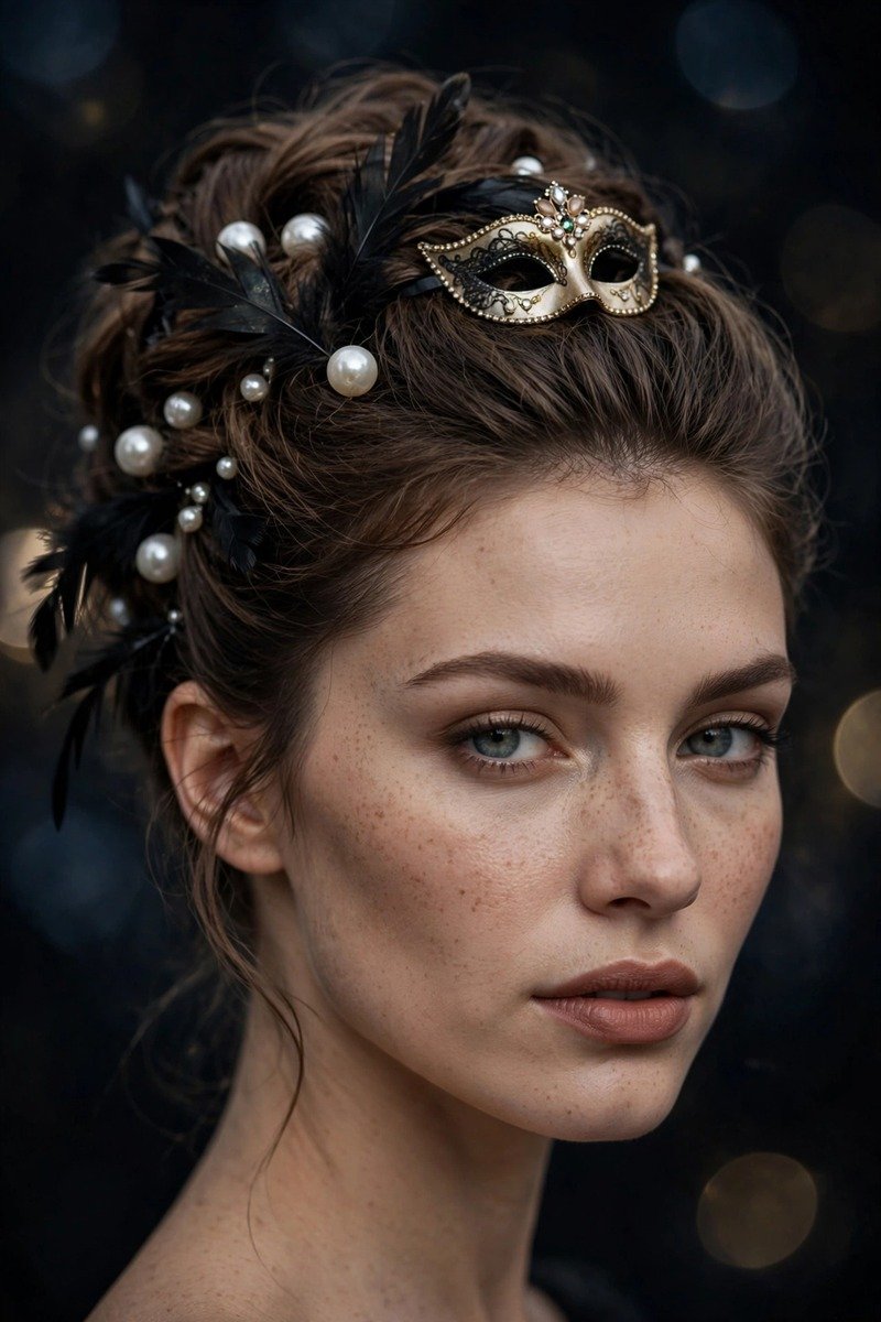 Elegant updo with jeweled hair pins and small mask accent