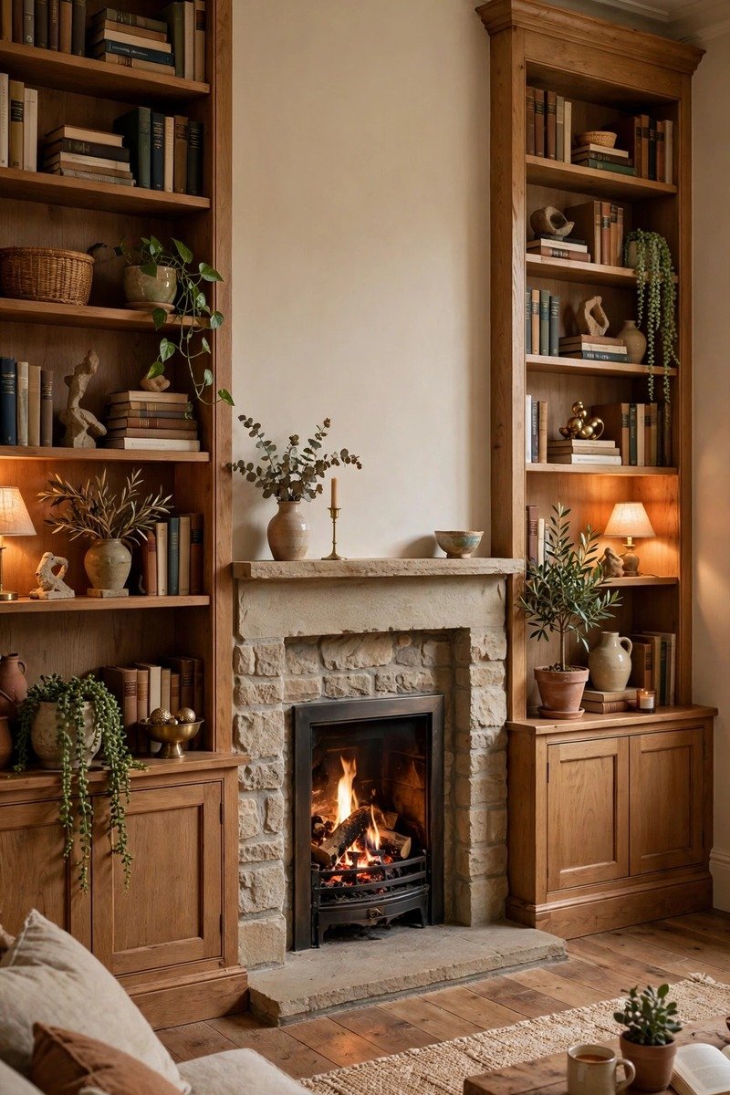 Living room with built-in shelving styled with books, baskets, and decor