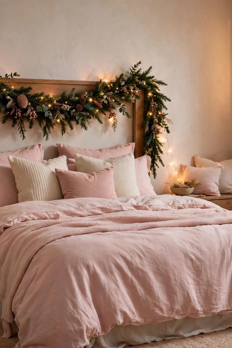 Bedroom with blush pink Christmas bedding, garland and soft lights