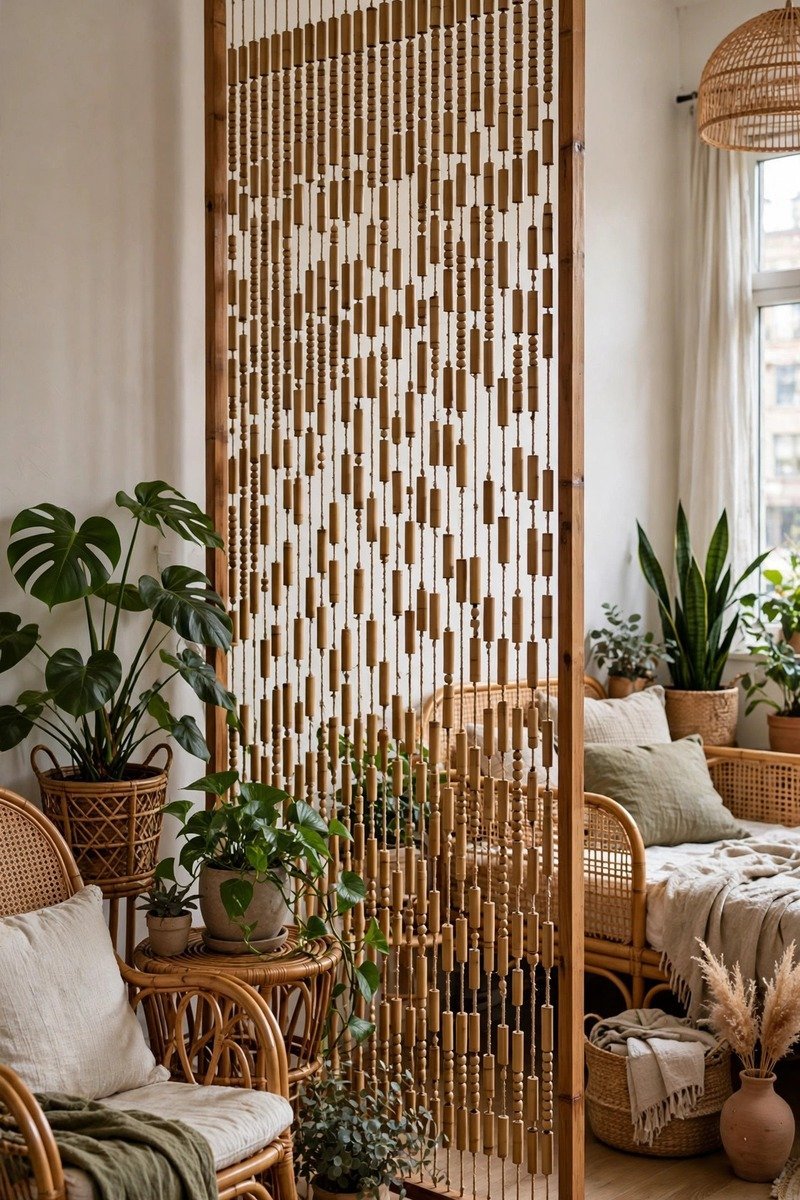 Freestanding room divider screen made of bamboo beaded panels